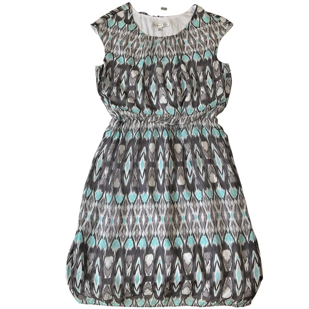 Robbie Bee Women Dress 6 Gray Geometric Fit & Flare Short Sleeve Knee Length